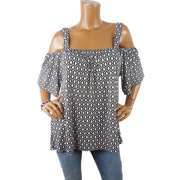 H&M Tops - H & M Top L Cold Shoulder Blouse Black/White Print Casual Short Sleeve Blouse